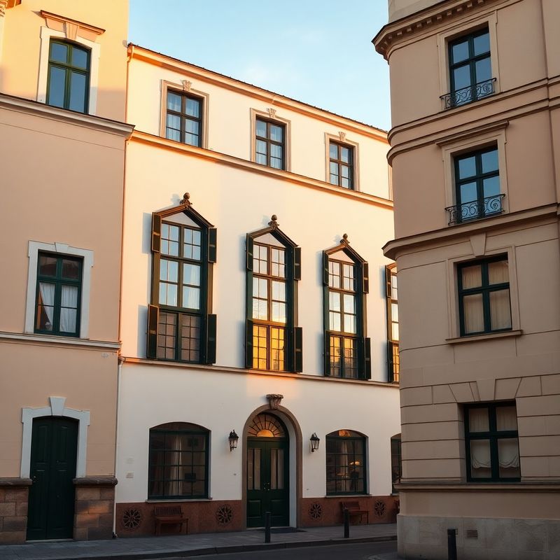 Stredoeurópska ulica v Žiline pri zlatej hodine s krémovou fasádou a tmavozelenými oknami